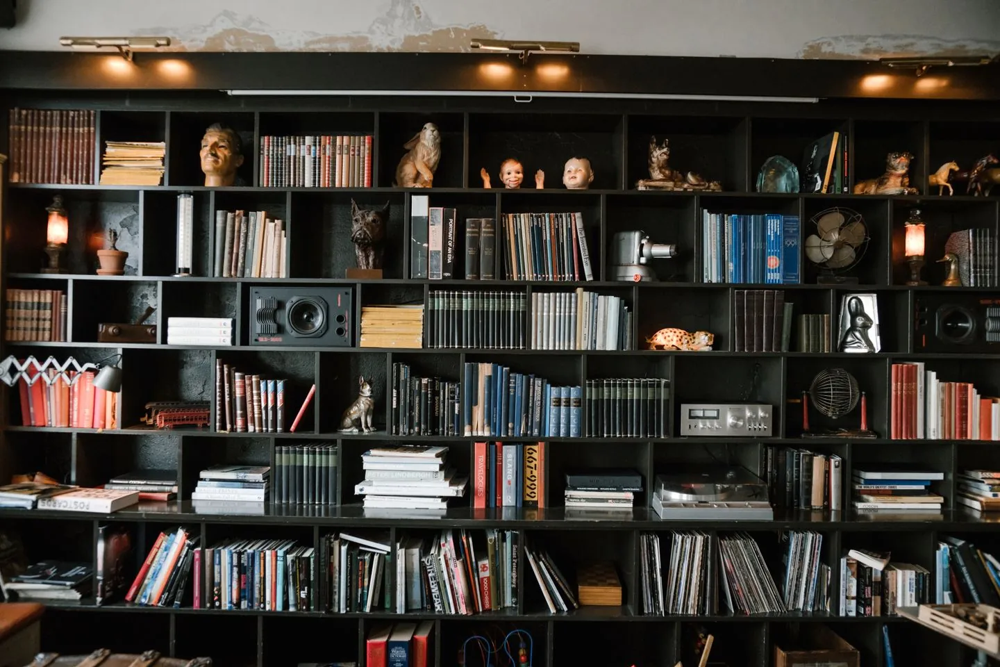 Large bookcase holding books and decorative objects