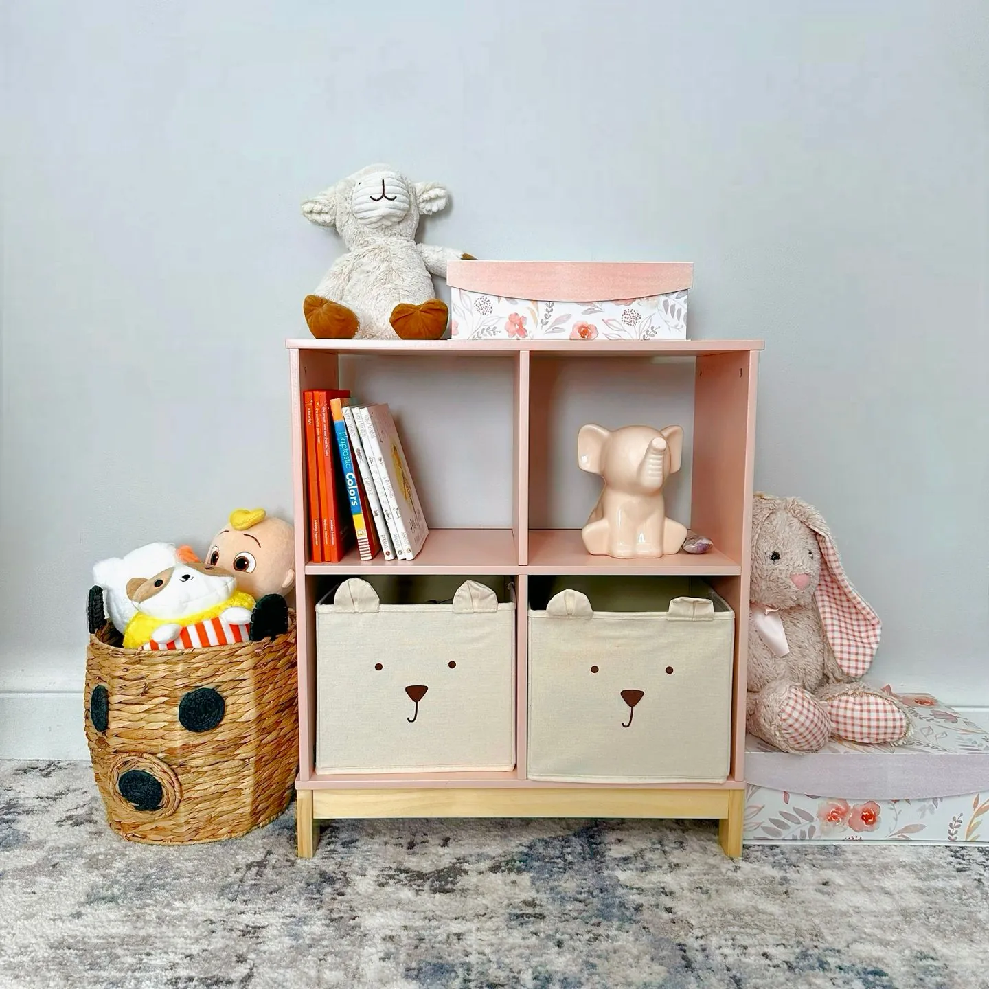 Low shelves with toy baskets, books and soft toys