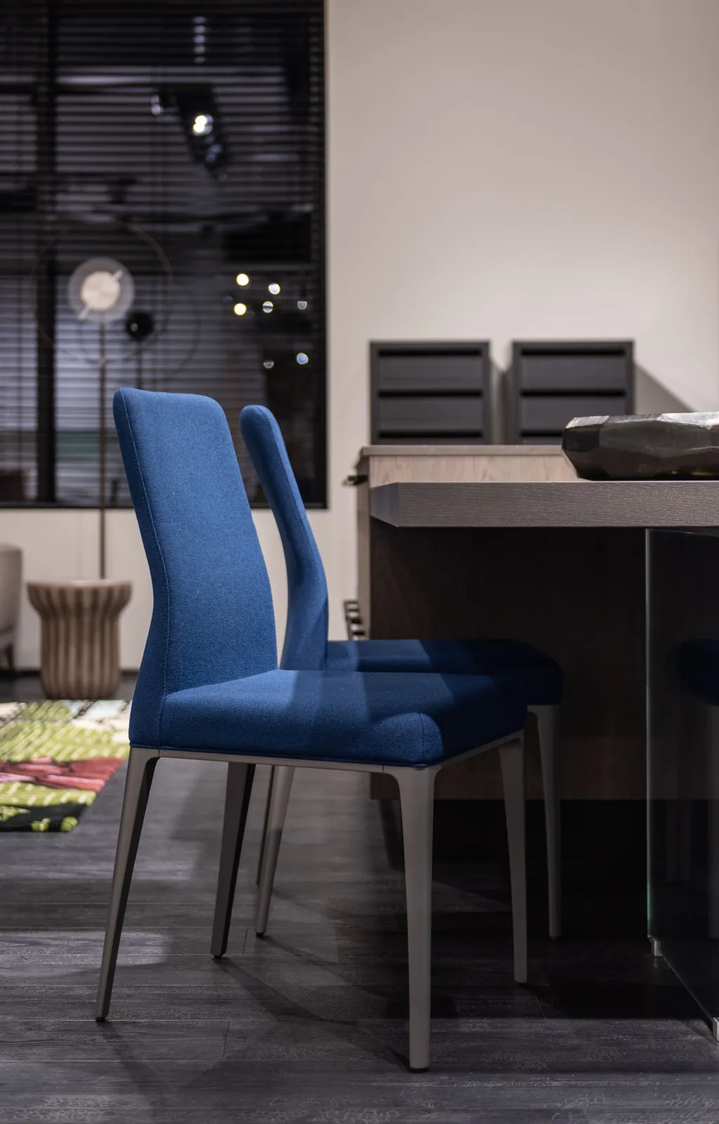 Upholstered dining chair beside a table