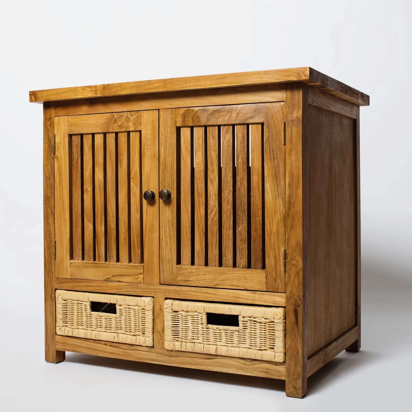 Freestanding wooden cabinet with doors and small drawers