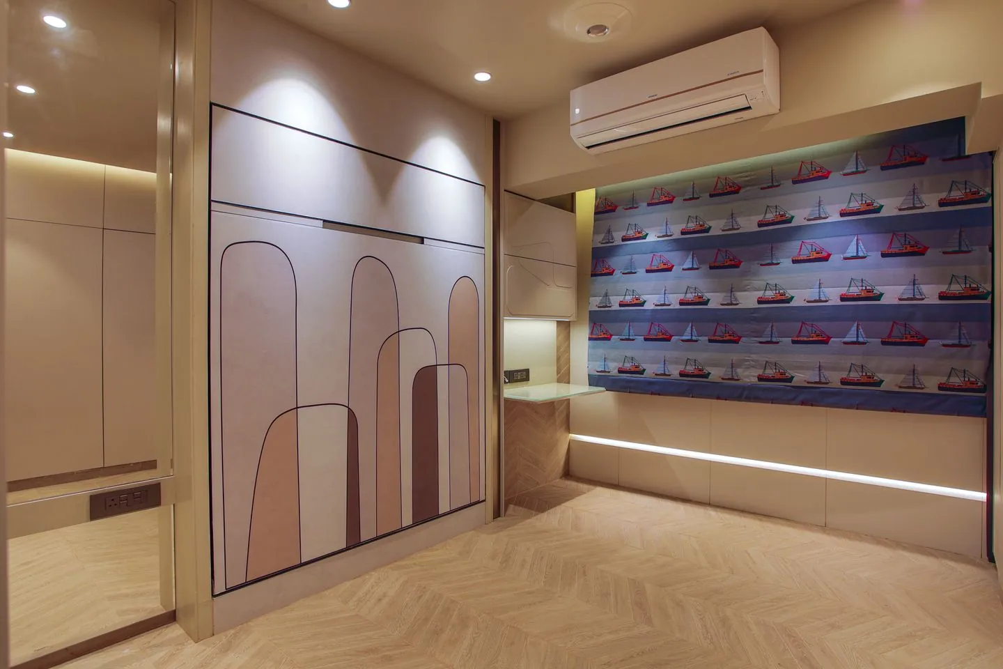 Decorative wall panels and shelves in a modern interior