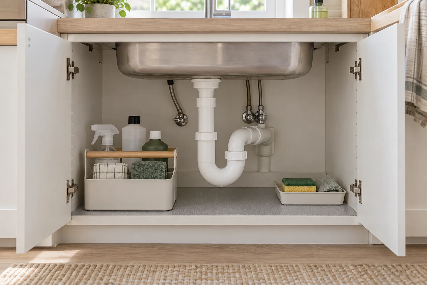 Illustrative open under-sink cupboard with visible plumbing, a cleaning caddy and a sponge tray